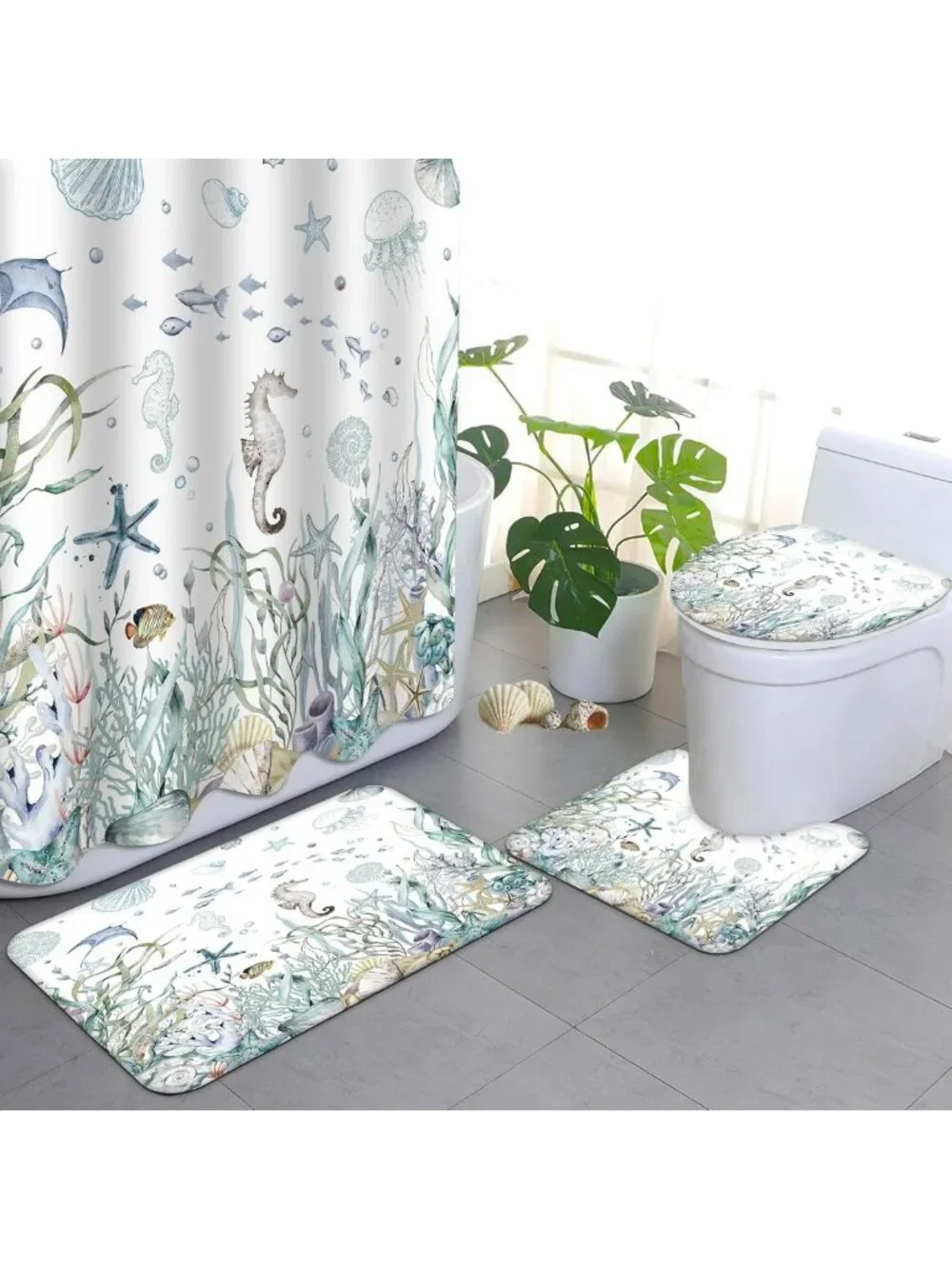 Nautical Beach Shower Curtain Set with Seashells, Starfish & Non-Slip Rugs